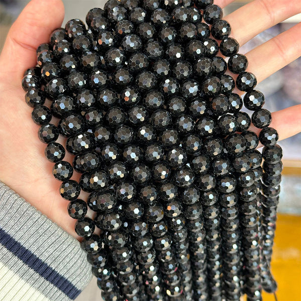 Natural Black Faceted Tourmaline Beads, Natural Color, 8/10mm, 1 Strand, MBGETOU013