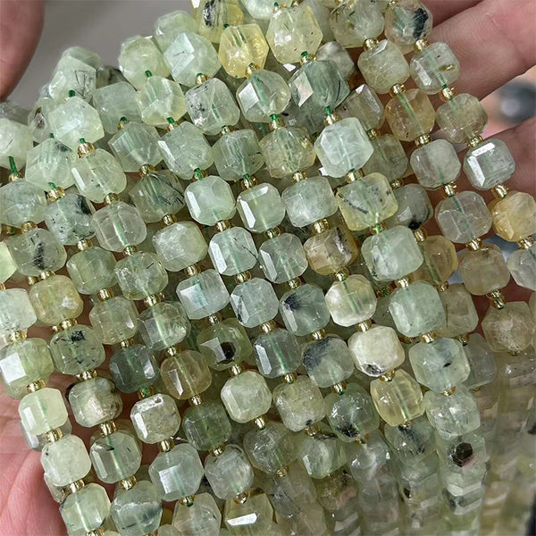 Natural Faceted Square Prehnite Beads, Natural Color, 8mm, 1 Strand, MBGEPRE003