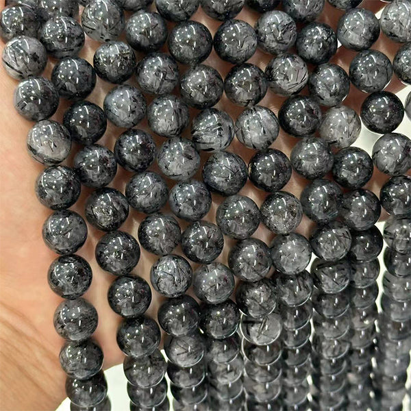 Natural Black Rutilated Quartz Beads, 6/8/10mm, 1 Strand, MBGERUQ006