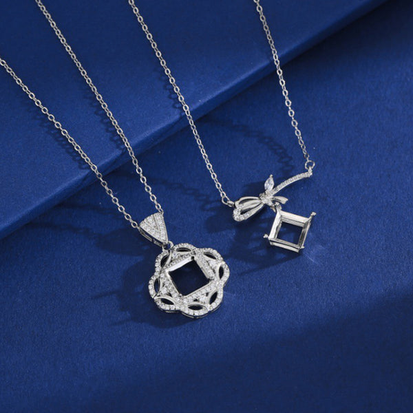 925 Sterling Silver Pendant Setting, Square 8mm Faceted Stone, Includes Chain, 1 Piece, MFJS3002