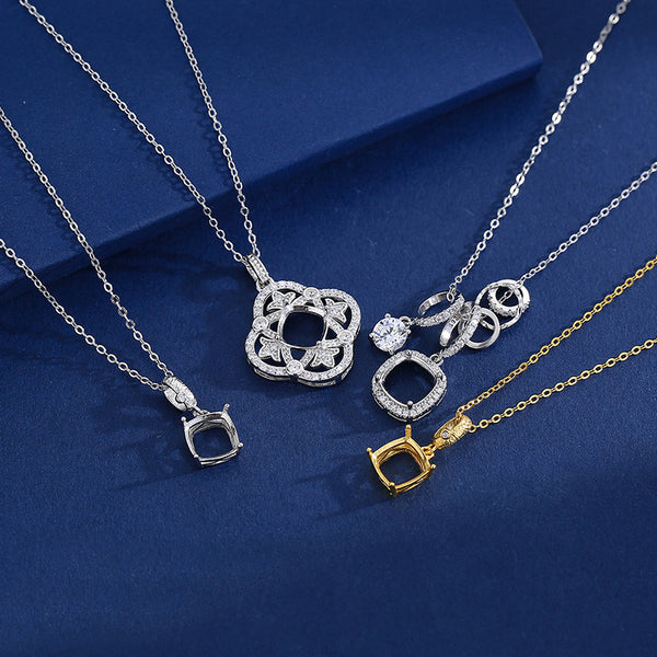 925 Sterling Silver Pendant Setting, Cushion 8mm Faceted Stone, Includes Chain, 1 Piece, MFJS3004