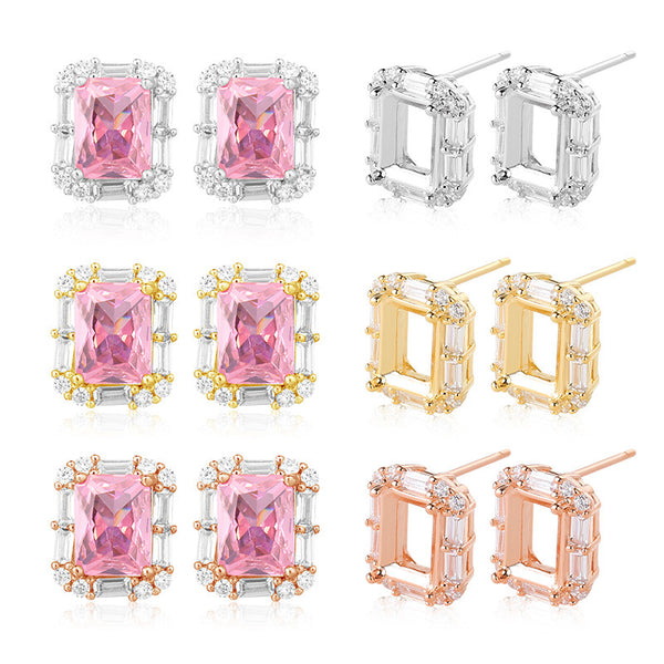 925 Sterling Silver Earring Setting, Suitable for Emerald-Cut Faceted Gemstones, 1 Pair, MFJS5028