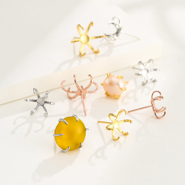 925 Sterling Silver Earring Setting, Suitable for Irregular-Shaped/Round Cabochons, 1 Pair, MFJS6028