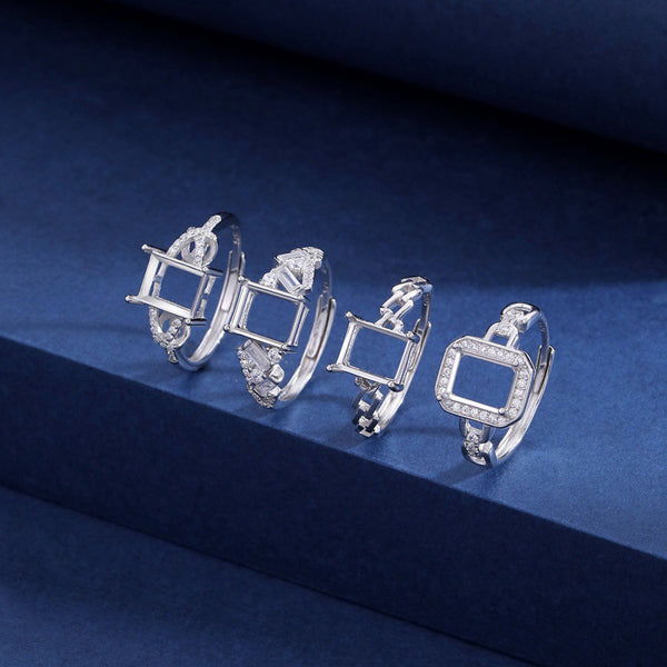 925 Sterling Silver Ring Setting, Emerald Cut 6×8 mm Faceted Stone, Adjustable, 1 Piece, MFJS1028
