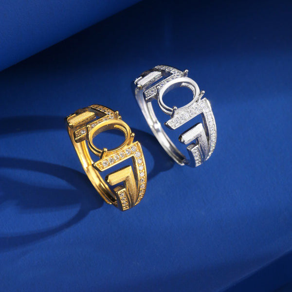 925 Sterling Silver Ring Setting, Oval 6×8 mm Faceted Stone, Adjustable, 1 Piece, MFJS1012