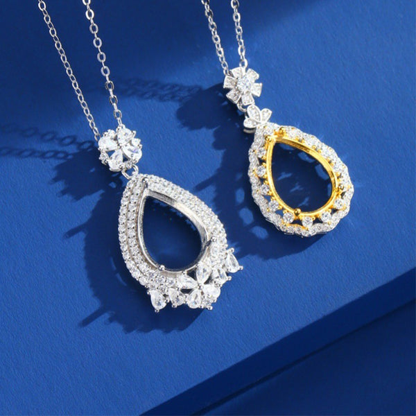 925 Sterling Silver Pendant Setting, Pear 10x14 mm Faceted Stone, Includes Chain, 1 Piece, MFJS3048