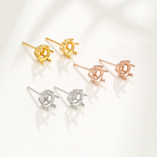 925 Sterling Silver 6-Prong Earring Setting, Suitable for Round Faceted Gemstones, 1 Pair, MFJS5022