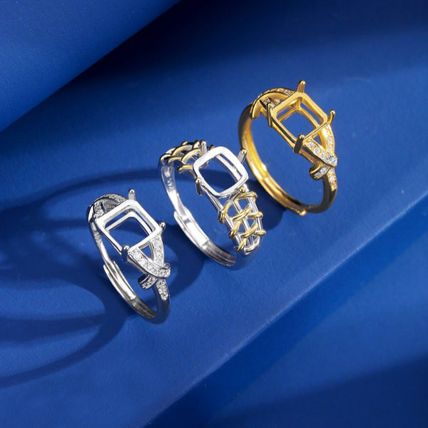 925 Sterling Silver Ring Setting, Square/Princess 7mm Faceted Stone, Adjustable, 1 Piece, MFJS1033