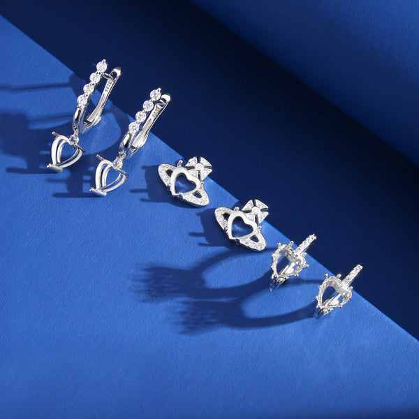 925 Sterling Silver Earring Setting, Suitable for 6mm Heart Faceted Gemstones, 1 Pair, MFJS5006