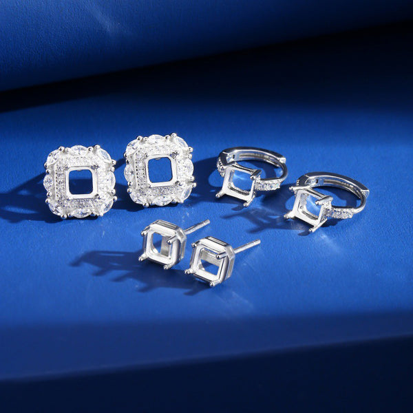 925 Sterling Silver Earring Setting, Suitable for 5mm Asscher Faceted Gemstones, 1 Pair, MFJS5002