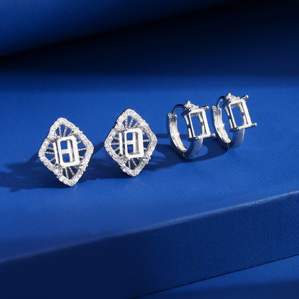 925 Sterling Silver Earring Setting, Suitable for 4x6 mm Emerald Cut Gemstones, 1 Pair, MFJS5001
