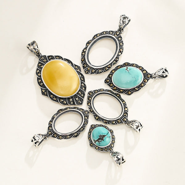 925 Sterling Silver Pendant Setting, Suitable for Oval Cabochons, Chain Not Included, 1 Piece, MFJS4015