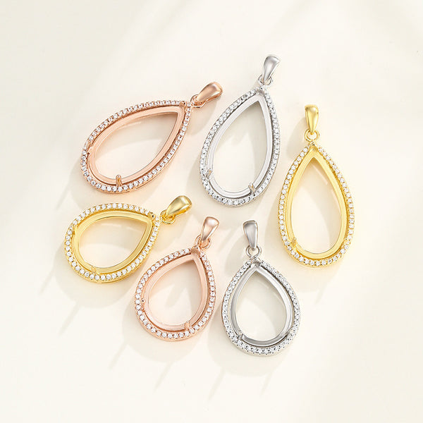 925 Sterling Silver Pendant Setting, Suitable for Pear Cabochons, Chain Not Included, 1 Piece, MFJS4030