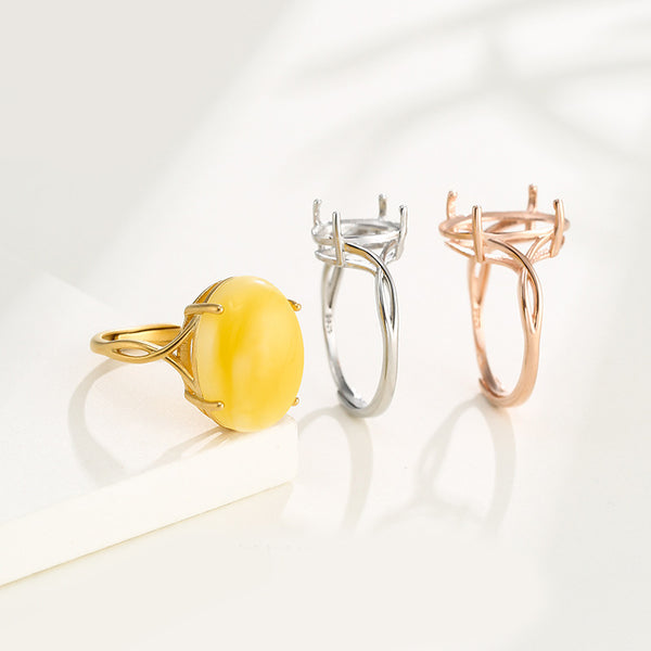 925 Sterling Silver Ring Setting, Oval Cabochons, Adjustable, 1 Piece, MFJS2003