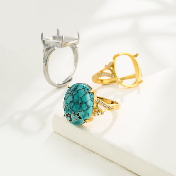 925 Sterling Silver Ring Setting, Oval Cabochons, Adjustable, 1 Piece, MFJS2009