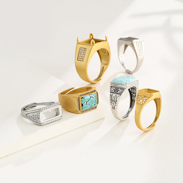 925 Sterling Silver Ring Setting, Rectangle Cabochons, Adjustable, 1 Piece, MFJS2029