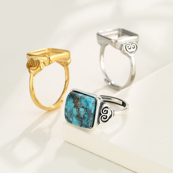 925 Sterling Silver Ring Setting, Square Cabochons, Adjustable, 1 Piece, MFJS2026