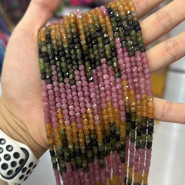 Natural Gradient Color Faceted Square Tourmaline Beads, Natural Color, 4mm, 1 Strand, MBGETOU011