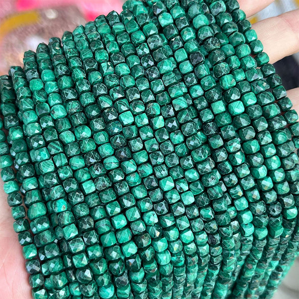 Natural Faceted Square Malachite Beads, Natural Color, 4mm, 1 Strand, MBGEMAL004