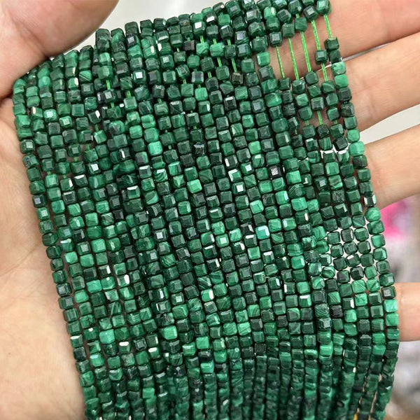 Natural Faceted Square Malachite Beads, Natural Color, 3mm, 1 Strand, MBGEMAL003