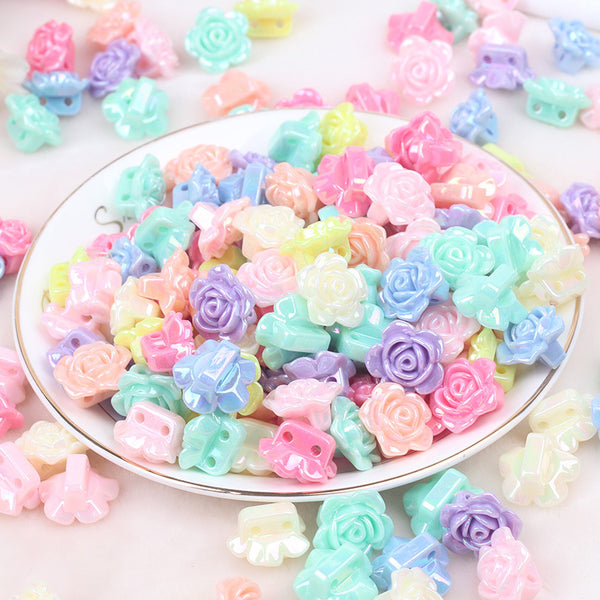 Flower Plated Colorful Double-Hole Acrylic Beads, 500g, MBAC6032