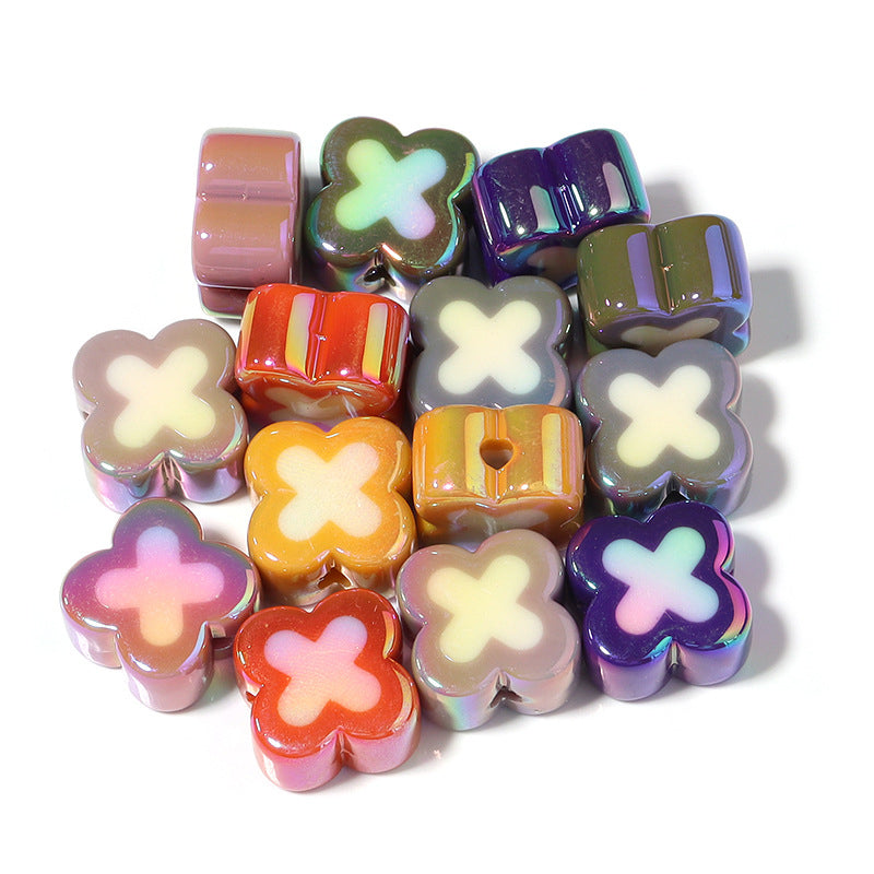 10 Pieces, Cross Pattern Plated Colorful Acrylic Beads, MBAC6081
