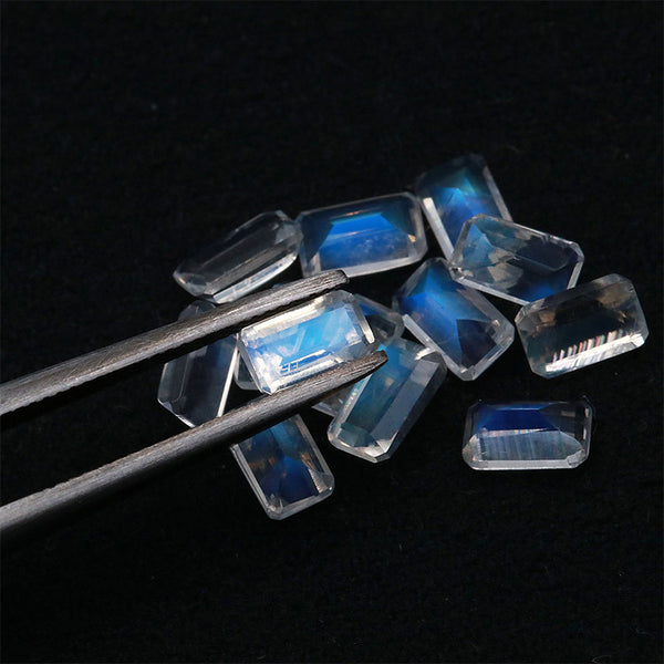 Emerald Cut Moonstone Faceted Gem, Natural Color, Strong Blue Sheen, 1 Piece, MFFG1702