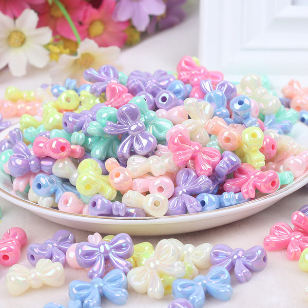 Bow Plated Colorful Acrylic Beads, 100g/500g, MBAC6039