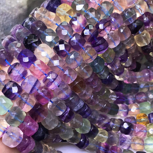 Natural Faceted Square Fluorite Beads, Natural Color, 6/10mm, 1 Strand, MBGEFLU013