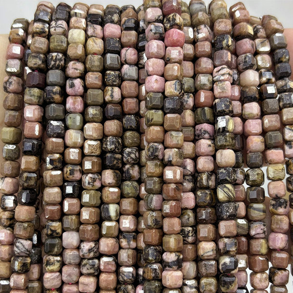 Natural Faceted Square Rhodonite Beads, Natural Color, 4/6mm, 1 Strand, MBGERHO006