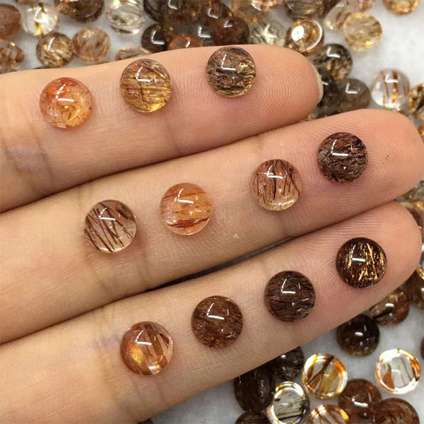 Natural Brown Rutilated Quartz Round Cabochons, Natural Color, AA Grade, 1 Piece, MFCA3202