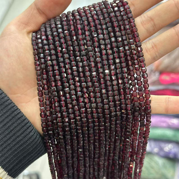 Natural Red Faceted Square Garnet Small Beads, Natural Color, 4mm, 1 Strand, MBGEGAR007