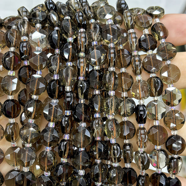 Natural Faceted Disc-Shaped Smoky Quartz Beads, 10mm, 1 Strand, MBGESMQ004